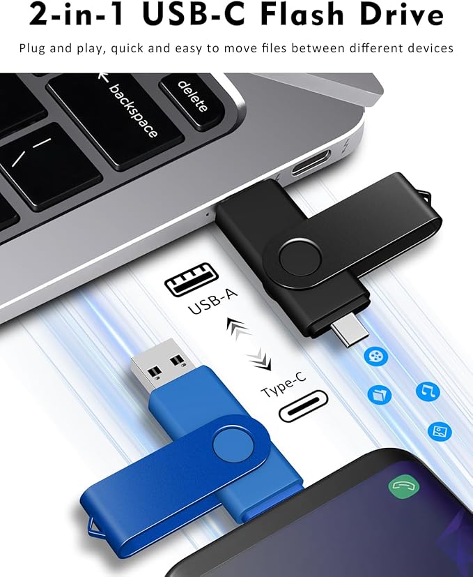 AreTop 32GB USB C Flash Drive 2 in 1 OTG USB 2.0 + Type C Memory Stick with Keychain Dual Type-C Thumb Drive Photo Stick Jump Drive for Android Smartphones, Computer, Tablet, PC, 2 Pack (Black, Blue)