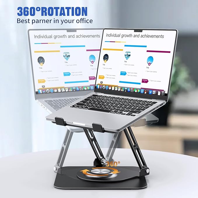 JOYEKY Laptop Stand for Desk, Adjustable Computer Stand with 360° Rotating Base, Ergonomic Laptop Riser for Collaborative Work, Foldable & Portable Laptop Stand, fits for All 10-16" Laptops (Black)