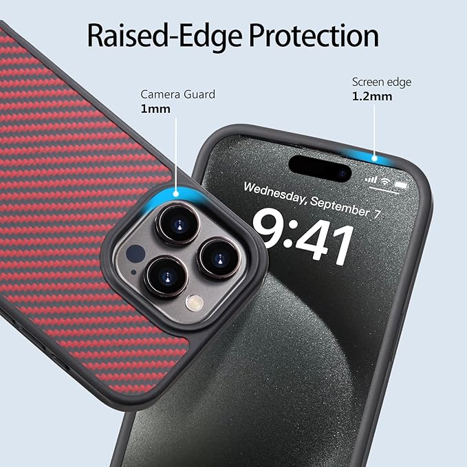 Tigowos for iPhone 15 Pro Max Case Protective Case Made of Aramid Fiber, Soft Touch, Tough Durable Carbon Bumper, Carbon Fiber Red