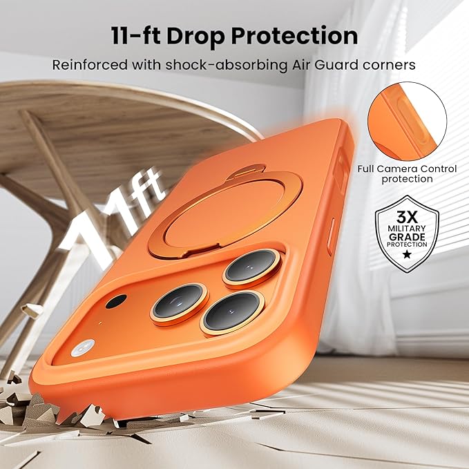 360°Ring Stand for iPhone 17 Pro Max Case, Compatible with MagSafe, Military-Grade Protective,Anti-Yellowing, Scratch-Resistant Back Cover Phone Case for iPhone 17 Pro Max 6.9", Orange