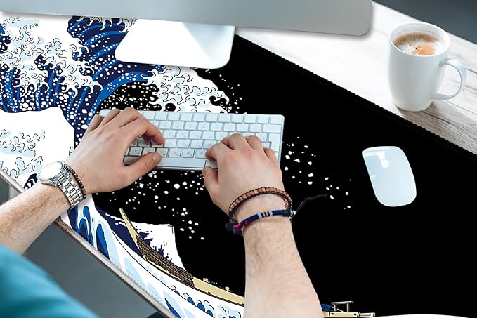XXL Waterproof Office Desk Pad Protector 35.4x15.7 Inch - Extended Gaming Mouse Pad with Non-Slip Rubber Base, Thickened Keyboard Mat, Stitched Edges & Black Wave Design