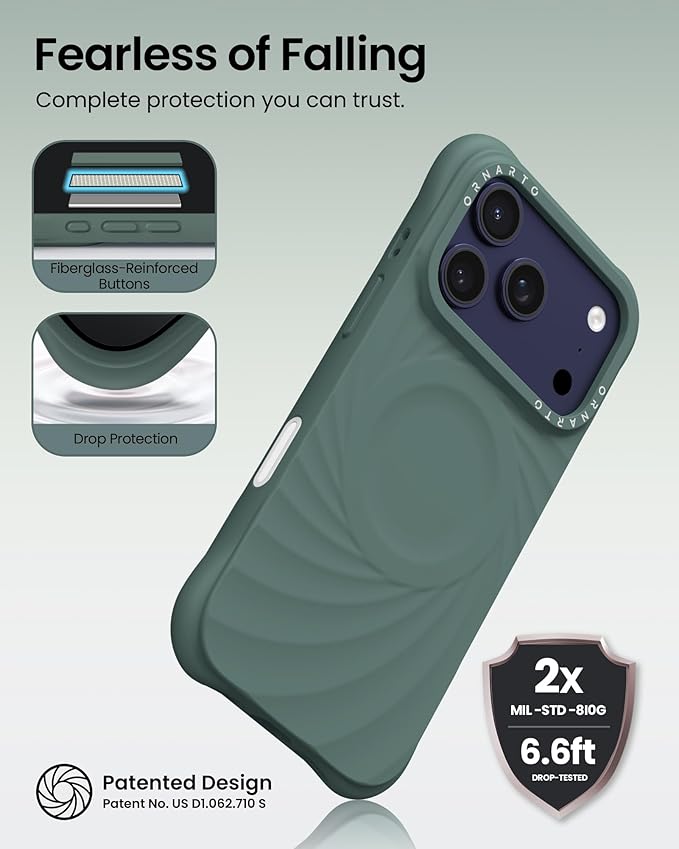 ORNARTO Vortuxe for iPhone 17 Pro Case 6.3" | 2X MIL-STD Protection | Camera Control Button | Compatible with MagSafe | Sleek Aesthetic Liquid Silicone Phone Cover | Pine Green