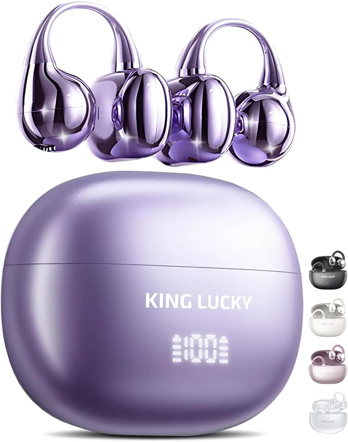 King Lucky Clip-On Earbuds Gen 3, Open-Ear Wireless Bluetooth 6.0 Headphones with Mic, Secure Fit for Small Ears & Glasses Wearers, 50H Playtime, LED Digital Display, ENC, IPX5 Waterproof (Purple)