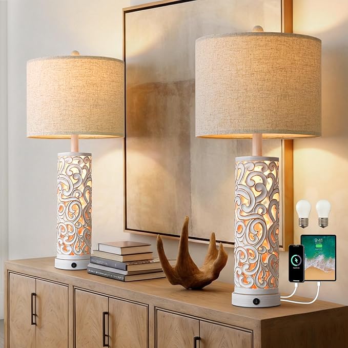 OYEARS 2-in-1 Light Table Lamp Set of 2 for Living Room, 28.5" Farmhouse Bedside Lamps with USB Charging Port, Main&Night Light & Dual Switches, Nightstand Lamp for Bedroom Home Office(Bulb Included)