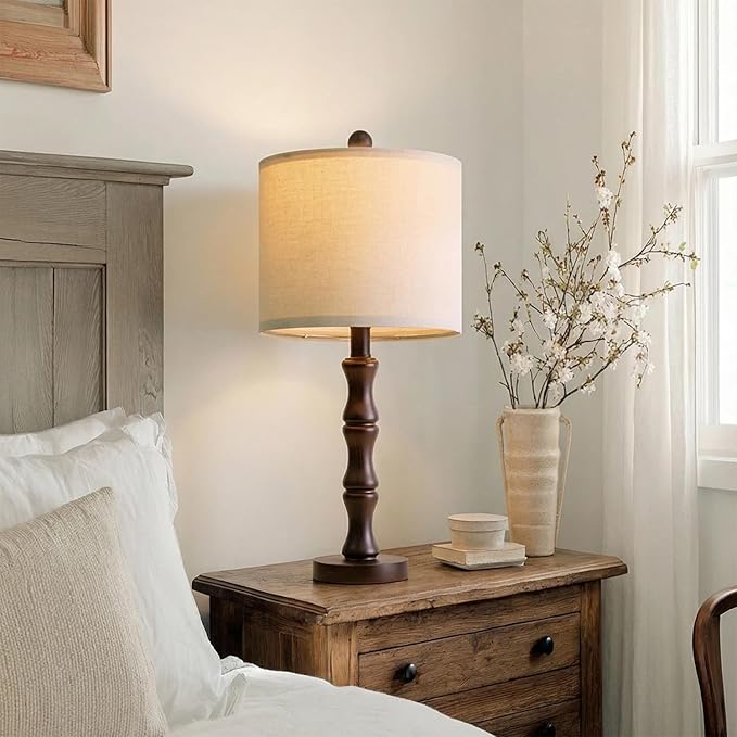 BOBOMOMO 20.5" Classic Table Lamps Set of 2, Farmhouse Nightstand Lamps with Dark Wood Grain Resin Base & Linen Shade, Small Bedside Lamps for Bedroom, Living Room, Home Office & Cozy Apartment Décor