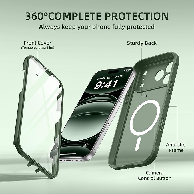 BERFY for iPhone 17 Pro Case, Compatible with MagSafe, Built-in Glass Screen Protector, Camera Protection, Shockproof Full Body Phone case 6.3", Translucent Deep Green