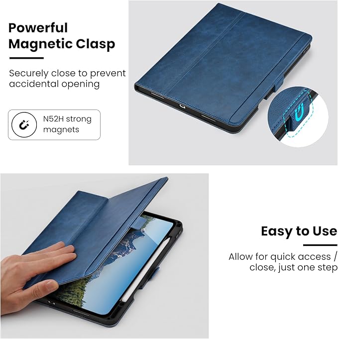 Handmade Case for iPad Pro 11 Inch (M5/M4) 2025/2024 with Pencil Holder Pocket,Magnetic Closure,Auto Sleep/Wake,Vegan Leather Folio Protective Cover,Multi Angles Stand,Dark Blue