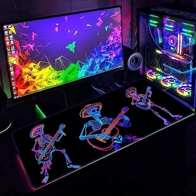 Simpkeely Blacklight Skeleton Playing Guitar Mouse Pad – UV Reactive Neon Art Funny Skull Rock and Roll Gaming Desk Mat, Glow in The Dark Extended Mousepad with Non-Slip Rubber Base – 31.5" x 11.8"