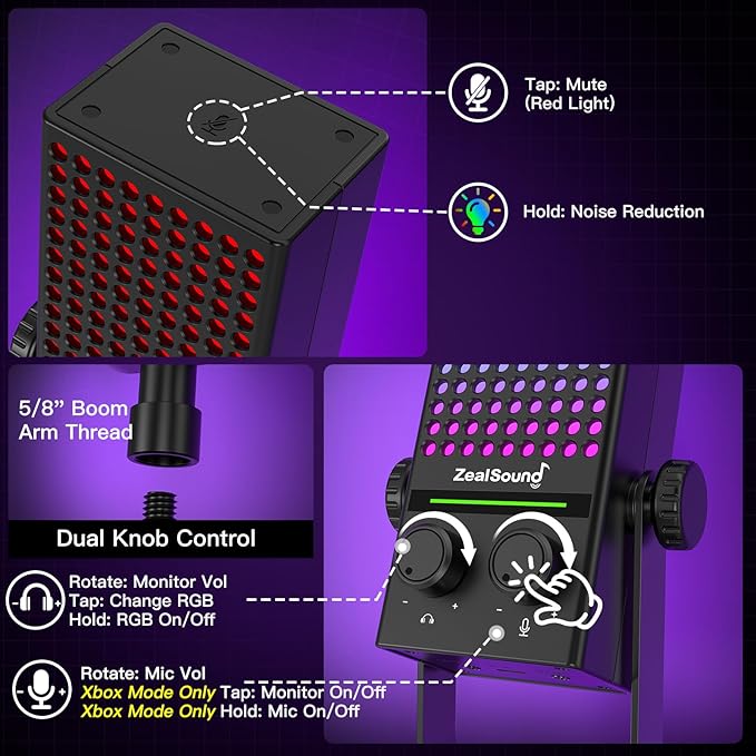 ZealSound Gaming Microphone for Xbox, PC & Mac, Noise Cancellation Streaming Mic with One Tap Mute, RGB Lighting, Monitoring, Gain Control, Condenser Mic for iPhone, Computer, Podcast, Gamer, YouTube