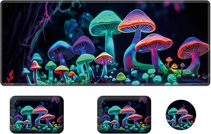 Wrist Elbow Support Arm Rest Desk Mouse Pad Set,Large Mouse Pad + 2 Elbow Rest Pad + Coaster,(31.5×11.8 in) Ergonomic Memory Foam for Office,Gaming,Computer,Laptop-Colorful Mushrooms
