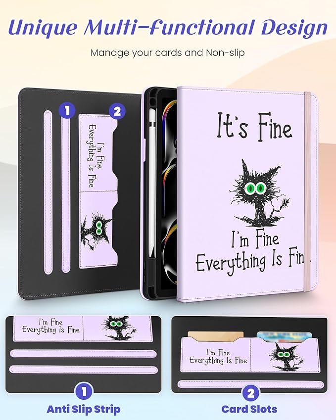 Kidcube for iPad Pro 11 Inch Case M4 2024 5th Generation - Women Girls Kid Cute Rotating Stand Folio Cover with Pencil Holder & Card Slot Girly Kawaii Cat Design for iPad Pro 11'' Case 2024 M4 5th Gen