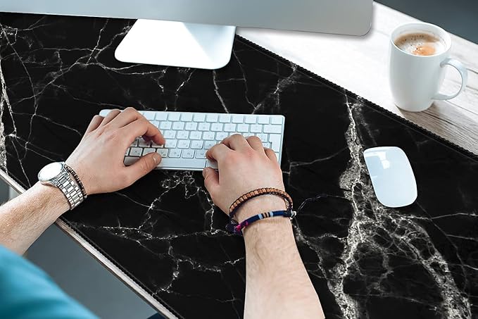 XXL Waterproof Office Desk Pad Protector 35.4x15.7 Inch - Extended Gaming Mouse Pad with Non-Slip Rubber Base, Thickened Keyboard Mat, Stitched Edges & Black White Marble Design