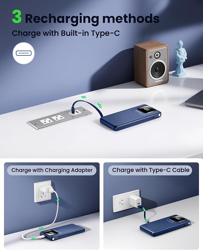 Portable Charger with Built-in Cables,22.5W Super Fast Charging Power Bank Slim Phone Charger,10000mAh Travel Battery Pack Battery Bank with Smart LED Display for iPhone, Android & USB-C (Blue)