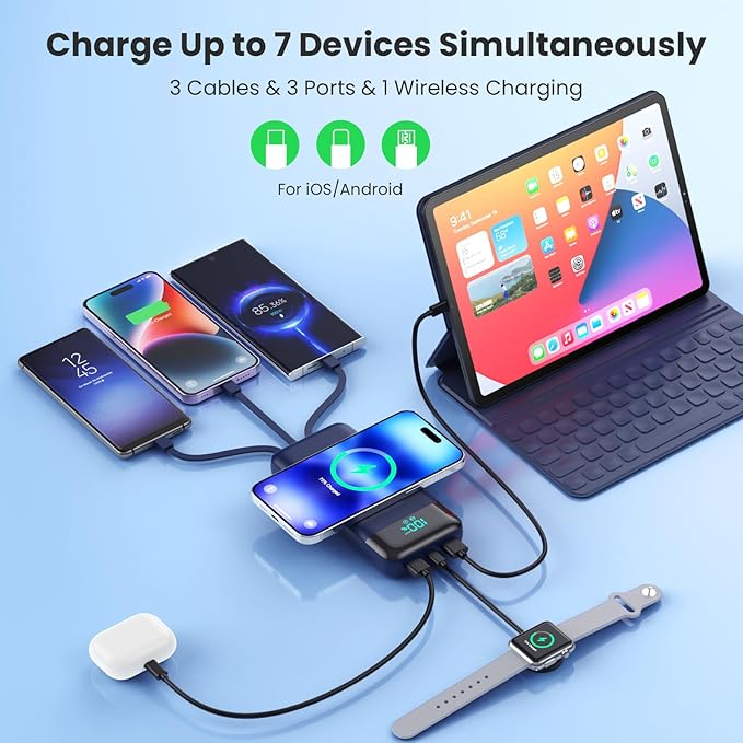 Wireless Portable Charger 40800mAh with 3 Built-in Cables,7-in-1 15W Wireless Charging Power Bank,25W PD QC 4.0 USB C Fast Charging Travel Essential Battery Pack for iPhone 17/16/15/13/12,Android-Blue