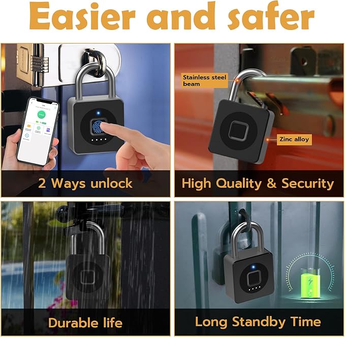 Pothunder Fingerprint Padlock with APP, Keyless Biometric Lock, Smart Waterproof Padlock Suitable for Gym, Locker, Gates, Fence and Storage