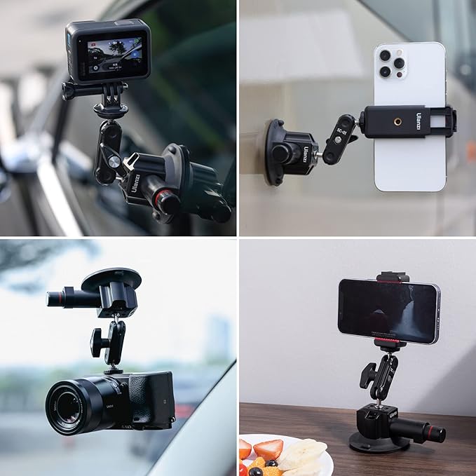 UURig SC-01 Suction Mount 3" for Vlogging Action Camera Car w Smartphone Clamp Compatible with DJI OSMO Pocket 3/Pocket 4/OSMO 360/Insta 360 x5/Xtra/iPhone 17 16 15 14,1/4" Magic Arm Windshield Window