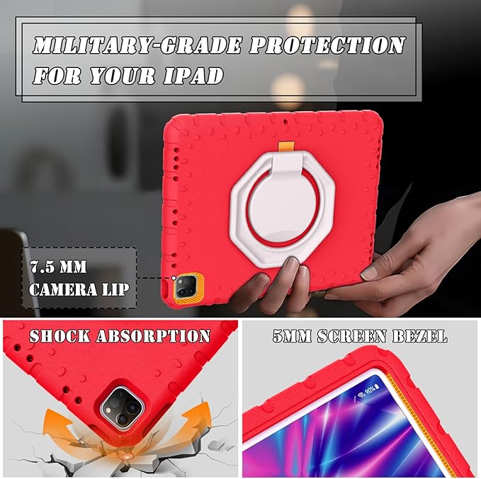 Case for iPad Pro 12.9 6th/5th/4th/3rd Gen, Heavy Duty Shockproof EVA Foam Protective Cover with 360° Rotating Stand, Stable & Lightweight, for Kids, Work, Travel & Creative Use - Red
