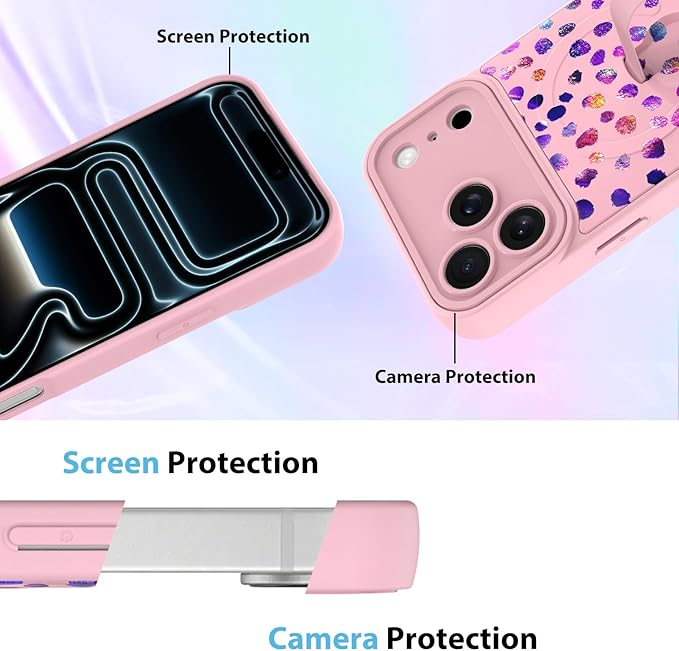 KANGHAR Compatible with iPhone 17 Pro Case, Support for MagSafe, Silicone Cute Iridescent Pattern Leopard Print Cheetah, Wristband Kickstand Shockproof Soft Slim Cover for Girls Women, Pink