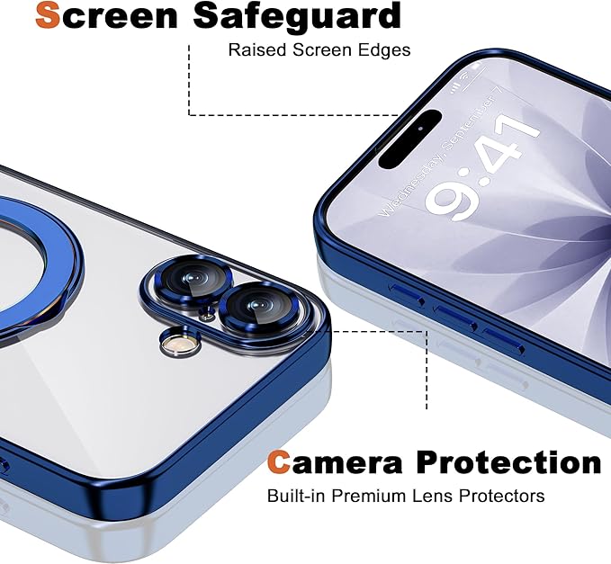 Compatible with iPhone 17 Case with Invisible Magnetic Ring Stand [Compatible with Mag-Safe] [Full Camera Lens Protector] Plating Clear Phone Case for iPhone 17 6.3", Blue