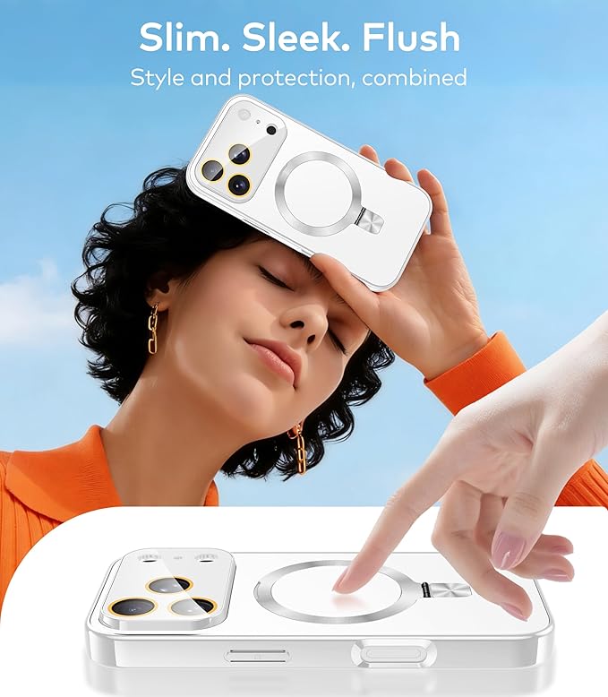 TOBOVON Magnetic for iPhone 17 Pro Max Case with Ring Stand, Fits MagSafe, with Built-in Camera Lens Protector, Slim Electroplated Shockproof Phone Cover, Silver