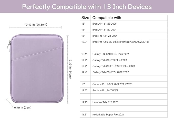 Dadanism 13 Inch Tablet Sleeve Bag Carrying Case for iPad Pro 13" M5/M4 2025/2024, iPad Air 13" M4/M3 2026/2025, iPad Pro 12.9",Galaxy Tab S10+/S9 FE+/S9+ 12.4",Remarkable Paper Pro 11.8", Gray Purple