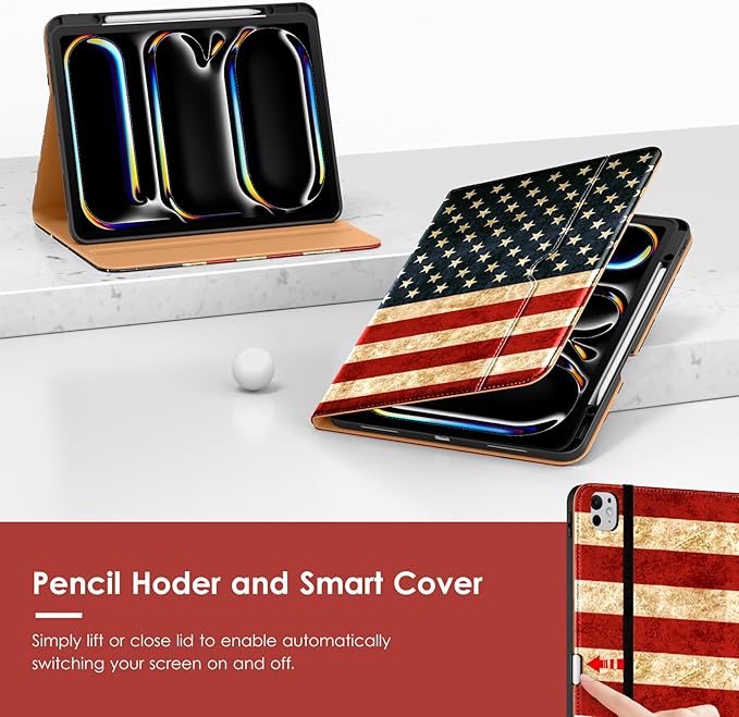 VIKESI Case for iPad Pro 13 (M4) 2024, Leather Stand Cover with Apple Pencil Holder, Auto Wake/Sleep, Multiple Viewing Angles, Built in Hand Strap & Pocket, US Flag