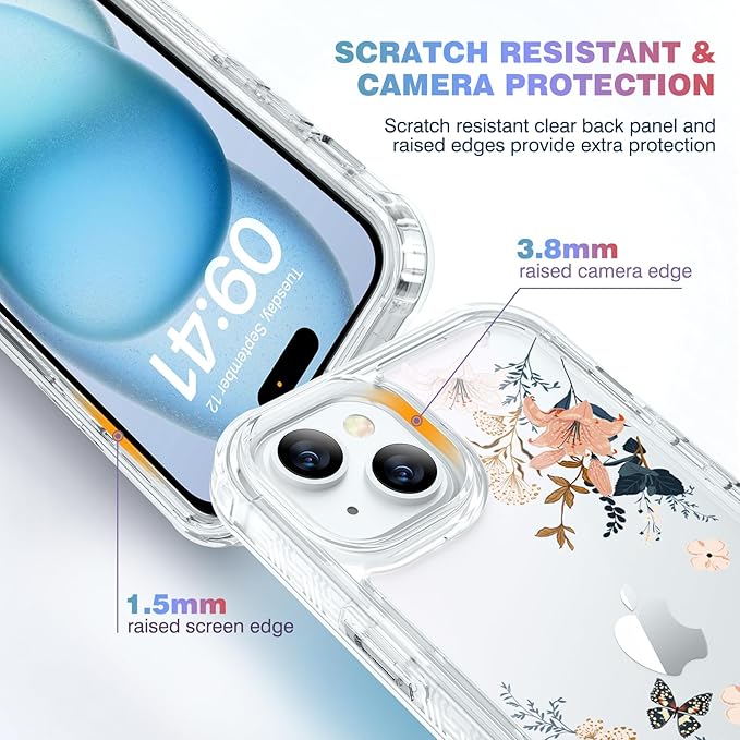 Diaclara Designed for iPhone 15 Plus Clear Flower Butterfly Phone Case 6.7’’, Full Body Rugged Cover w/Built-in Screen Protector+ GlassCamera Lens Protector(Butterfly)