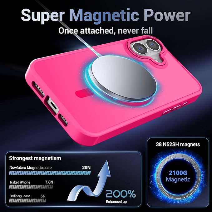 Newfuture Designed for iPhone 16 Case with Magnetic [13 FT Military Drop Protection] [Compatible with Magsafe] Slim Translucent Matte Shockproof with Anti-Fingerprint Phone Case, Hot Pink