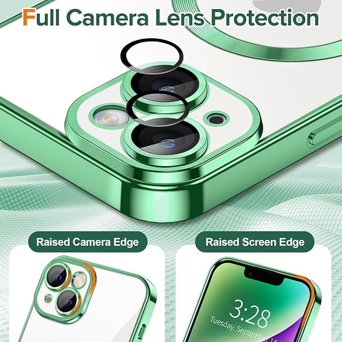Hython Magnetic Clear for iPhone 14 Case with Camera Lens Protector [Compatible with MagSafe] Luxury Plating Edge Slim Soft TPU Cover Protective Phone Case for iPhone 14 6.1", Light Green