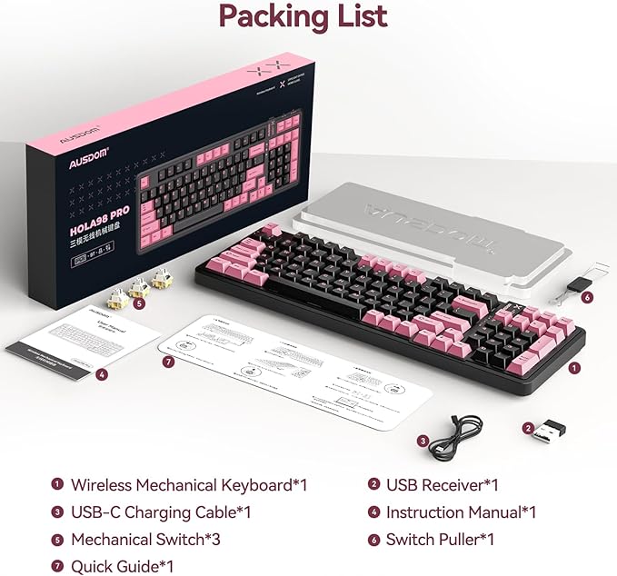 AUSDOM 98Pro Wireless Mechanical Keyboard, Tri-Mode BT/2.4GHz/USB-C Hot Swappable Custom Gaming Keyboard with Backlit, Gasket Structure, Linear Switches for Windows/Mac/PC (Clicky Sound)