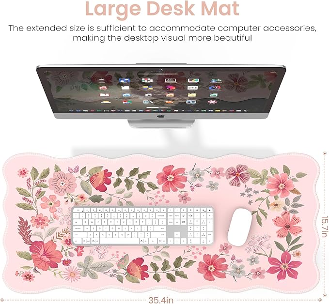 HAOCOO Desk Pad Mat, Pink Scalloped Desk Pad, Computer Desk Mat, Non-Slip Desk Pad for Keyboard and Mouse, Large Desk Mouse Pad with Egde Stitched, Waterproof Floral Keyboard Mat for Office (Hot Pink)