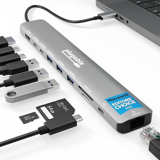 Plugable USB C Hub: 10-in-1 Multiport Adapter (8K/4K 144Hz HDMI 2.1, 2.5G Ethernet, 140W Charging, 10Gbps Data) Driverless IT Deployment for MacBook Pro/Air Windows Thunderbolt Chromebook, USBC-10IN1E