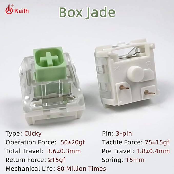 Kailh Box Jade Clicky Keyboard Switch,3-pin 50gf Pre-Lubed Dustproof Waterproof RGB SMD Key Switches for 3D Prints and Mechanical Gaming Keyboard(Box Jade,72pcs)