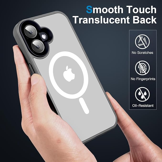 Magnetic for iPhone 16 Case [10FT-Grade Drop Tested & Compatible with MagSafe] Translucent Anti-Fingerprint Shockproof Protective Cover 6.1 Inch,Gray