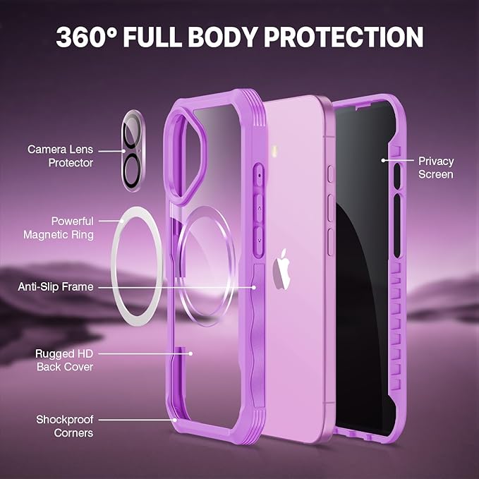 CENHUFO Magnetic Privacy for iPhone 16 Case [Compatible with Magsafe] Full Body Phone Case Built-in 9H Tempered Glass Privacy Screen Protector and Camera Lens Cover, Shockproof Bumper Clear -Rose Pink
