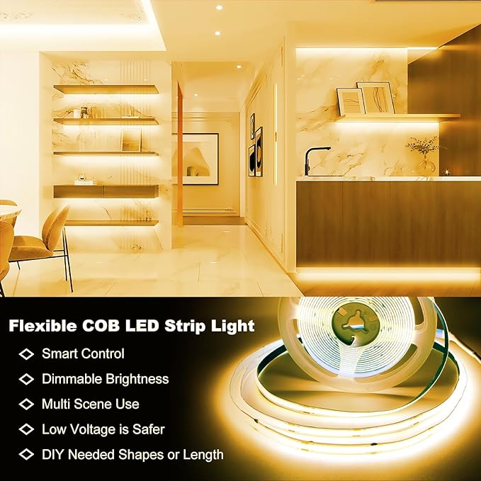 DAYBETTER COB LED Strip Light,LED Lights for Bedroom 16.4ft,Warm White 3000K Dotless LED Light Strip,1600 LEDs Super Bright Dimmable 24V Flexible Tape Lights with Remote,Kitchen,Cabinets Lighting