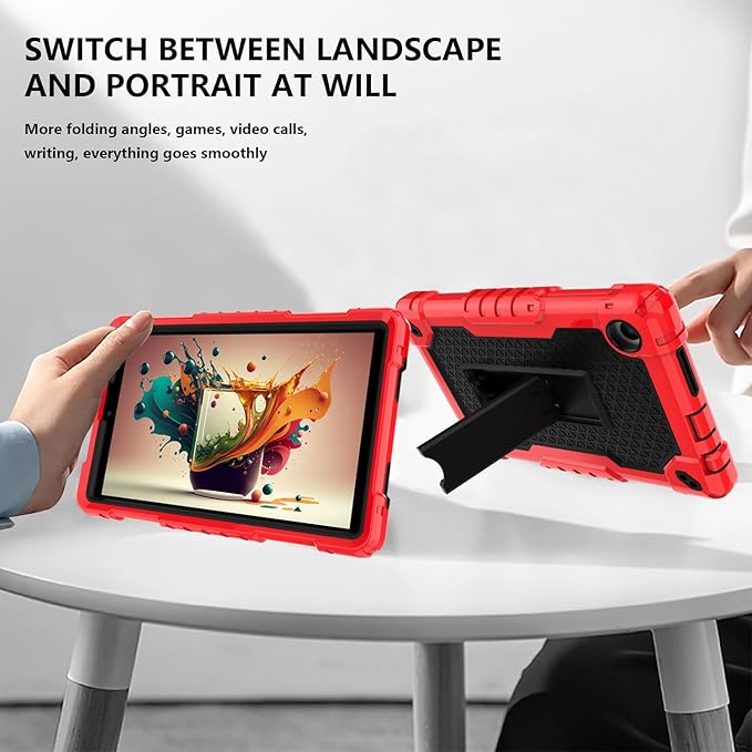 Case for for AT&T Amigo Jr. Tab 8 inch Tablet 9136K - [Built-in Kickstand] Anti Slip Kids Friendly Shockproof Silicone Protective Cover (Red/Black+2 PCS Glass)