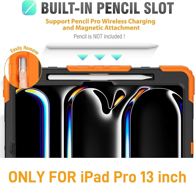 HXCASEAC for iPad Pro 13 Inch Case (M5/M4) 2025/2024, Shockproof Design with Pencil Holder, Protector, Rotating Stand, Hand Strap, Heavy Duty Protective iPad Pro13 Cover A3360 A2925 A2926, Orange