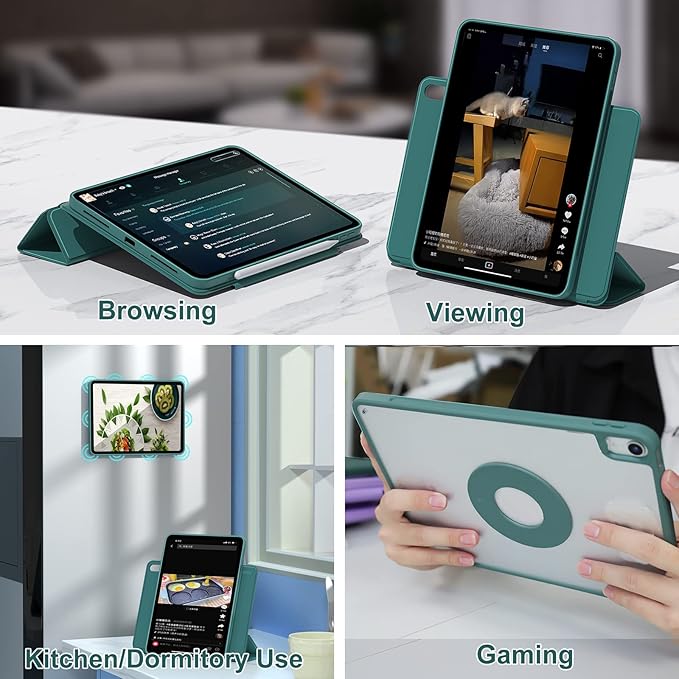 ZENLU iPad 10th 11th Generation Magnetic Case with Removable Folio Cover, Semi-Silicone Leather, Vertical Stand, Clear Back, Smart Sleep/Wake, Full Protective Case for iPad 10 & 11(A16) (Green)