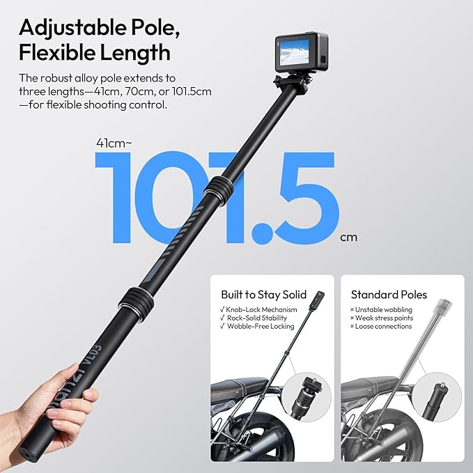 ULANZI Quick-Release Invisible Selfie Stick Motorcycle Bike Mount Kit for Insta360 X5 X4 X3/DJI Osmo 360, VL03 40in Adjustable Extension Pole Clamp Mount for GoPro DJI Insta360 Action Camera