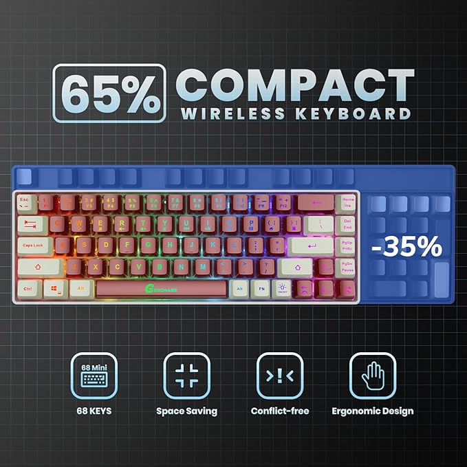GEODMAER 65% Wireless Gaming Keyboard, LED Backlit Gaming Keyboard, 68 Keys Ultra-Compact Anti-ghosting No-Conflict Wireless Keyboard for PC Laptop Windows Gamer(Red-White)