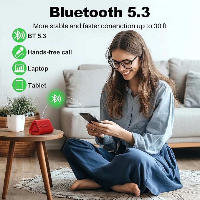 Bobtot Portable Bluetooth Speaker Wireless, IPX7 Small Shower Speaker Waterproof, 15H Playing Time, Loud and Stereo Sound with Bass, TWS Pairing for Party, Camping, Travel, Red