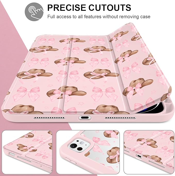 Case for iPad Pro 11 inch (M5) 2025 (M4) 2024 Release with Pencil Holder - Aesthetic Cute Preppy Design Trifold Cover with Soft TPU Bumper Clear Back Auto Sleep/Wake for Girls Women, Hat
