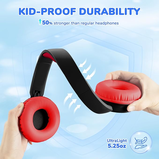 iClever BTH22 Kids Bluetooth Headphones, 60H Play Time, 74/85 dBA Safe Volume, Bluetooth 5.4, USB C, Over Ear Kids Headphones Wireless with Mic AUX Cord for iPad/Tablet/Travel/School, Red