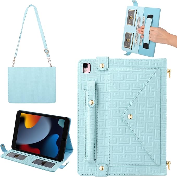 Handbag Case for iPad 9th/8th/7th Gen 10.2", iPad Air 3 2019/iPad Pro 10.5, Elegant Crossbody Folio Stand Wallet With Pencil Holder, Card Slots, Hand Strap, Shoulder Strap, Baby Blue