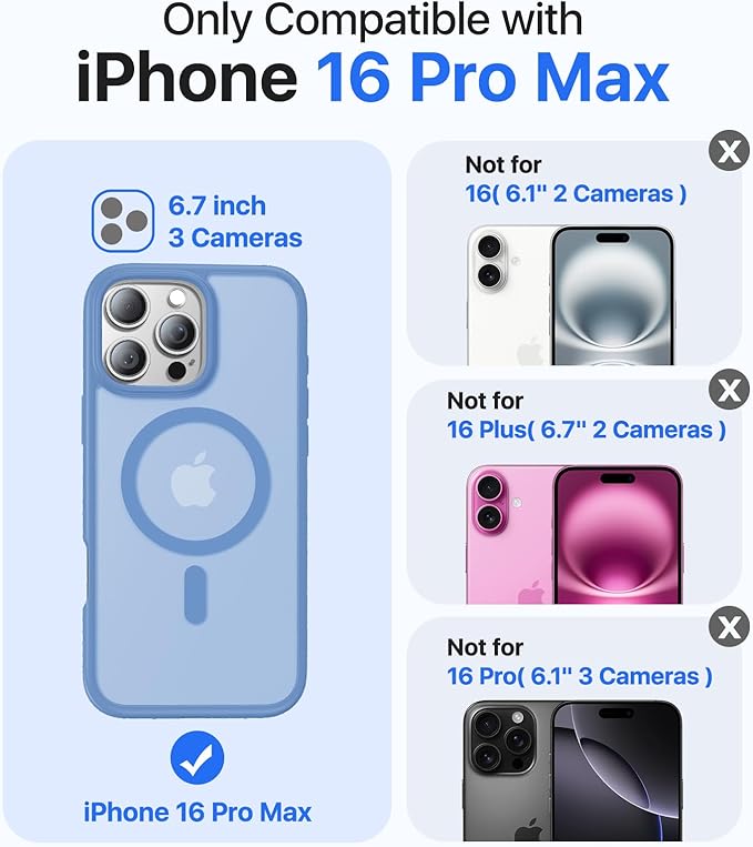 Magnetic for iPhone 16 Pro Max Case[Compatible with MagSafe][Military-Grade Drop Protection][Anti-Yellowing] Shockproof Translucent Matte Cover for iPhone 16 Pro Max Phone Case,Light Blue