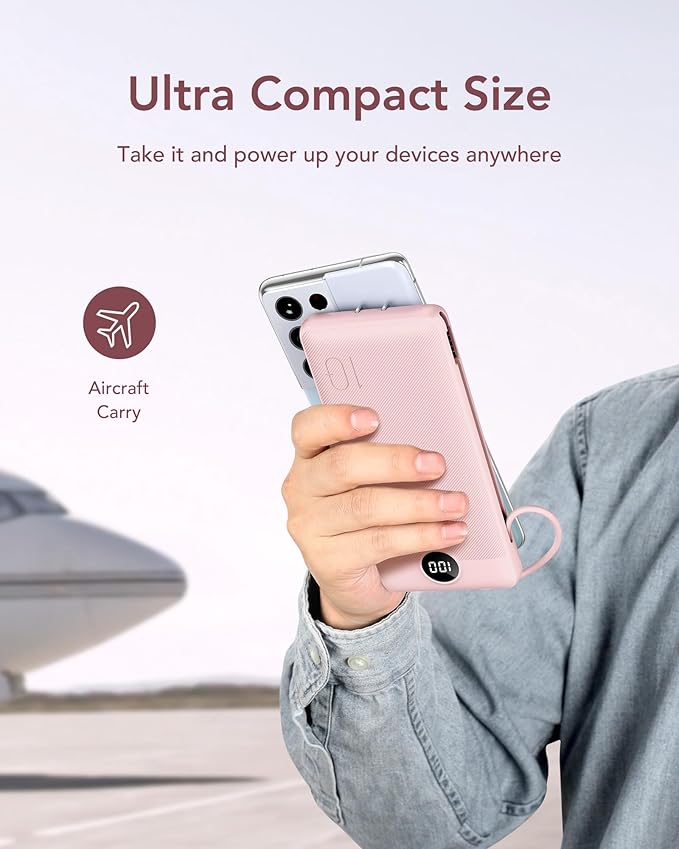 VEGER Portable Charger with Built-in AC Plug and Cables, All in One 10000mAh Ultra Slim Power Bank Travel Essentials, Fast Charging Battery Pack Compatible with iPhone, Samsung, Android (Crepe)