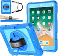 MENZO Shockproof Case for iPad 5th Gen/6th Gen/Air 2/Pro 9.7-inch with 360° Swivel Stand, Pencil Holder, Detachable Hand and Shoulder Strap, Blue+Baby Blue