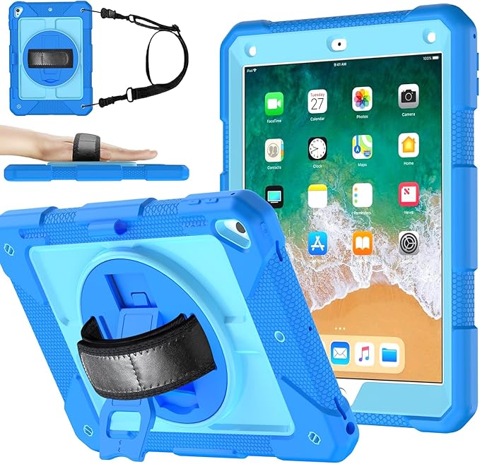 MENZO Shockproof Case for iPad 5th Gen/6th Gen/Air 2/Pro 9.7-inch with 360° Swivel Stand, Pencil Holder, Detachable Hand and Shoulder Strap, Blue+Baby Blue
