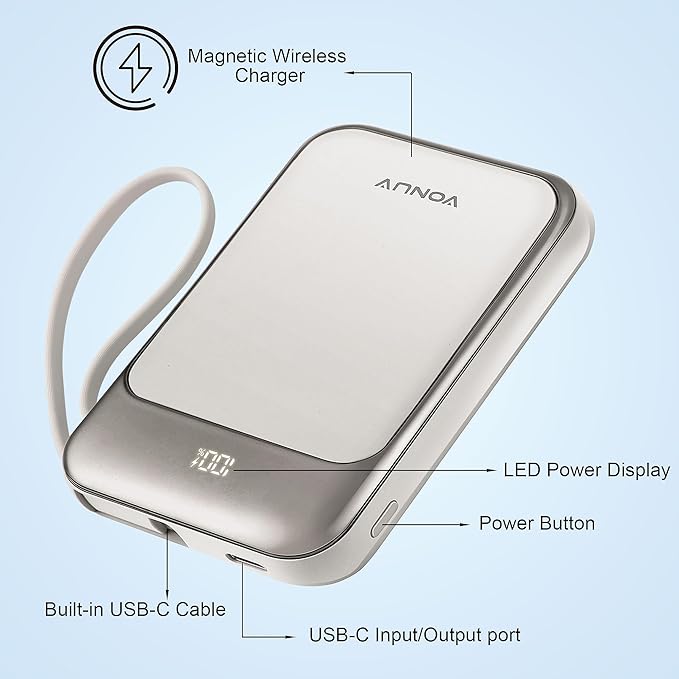 Magnetic Power Bank 10000mAh, Wireless Portable Charger with 15W Max Fast Charging & Built-in USB-C Cable, 22.5W PD LED Display Battery Pack Compatible with iPhone 17/16/15, Samsung Galaxy(white)